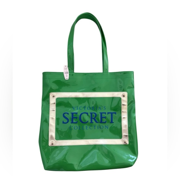 Victoria Secrets Vinyl Tote Bag Green w/Gold Lining & Animal Print Lining - Picture 1 of 9